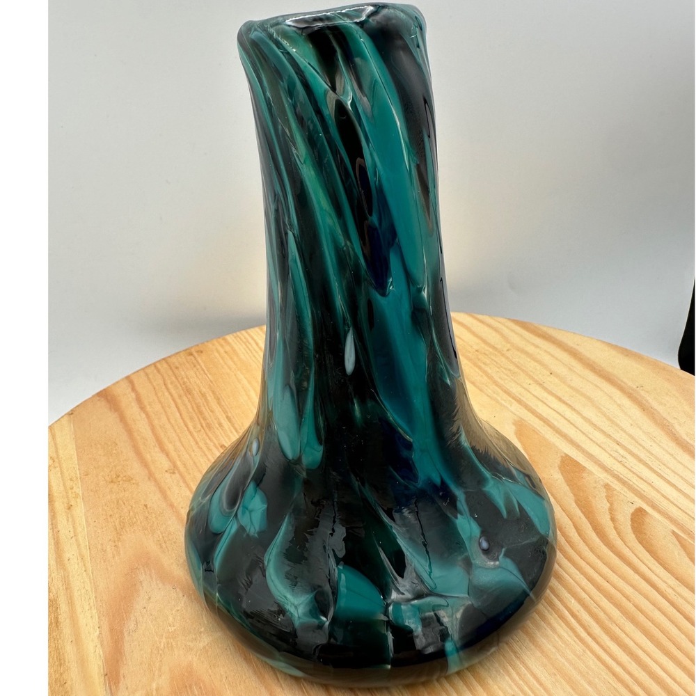 Handblown Art Glass Bud Vase Teal Blk Aqua Swirl Marbled End of Day
Murano style